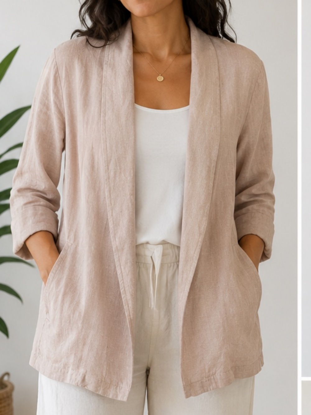 Tahari 100% Linen Open Front Blazer Jacket XL Beige Lightweight Layer Lagenlook